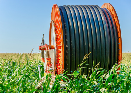 A huge coil of black hose with orange sides in the middle of the open fieldの写真素材