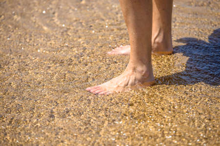 A pair of bare legs standing on the soft wet sand on the beach in the sunの写真素材