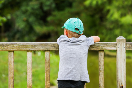A little boy leaning over a wooden fence in the parkの写真素材