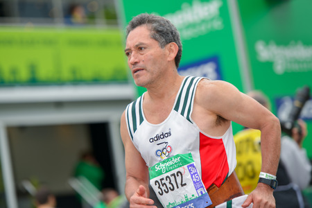 PARIS, FRANCE - APRIL 06: marathon runner finishing line at Paris International Marathon on April...