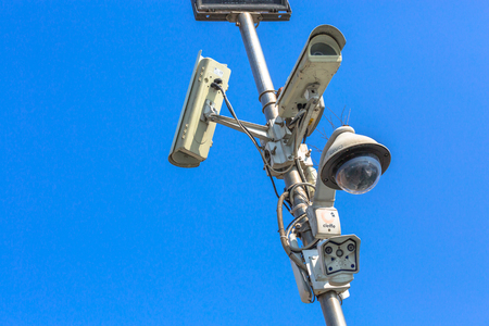 VENICE, ITALY - MAR 19 - closeup view of modern security camera and urban video on Mars 19, 2015 in Venice, Italy.のeditorial素材