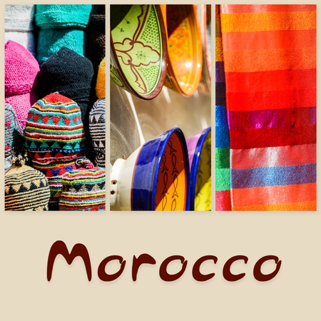 colorful collage and composition of objects or typical places of Moroccoの写真素材