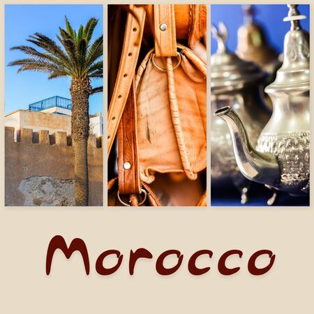 colorful collage and composition of objects or typical places of Moroccoのeditorial素材