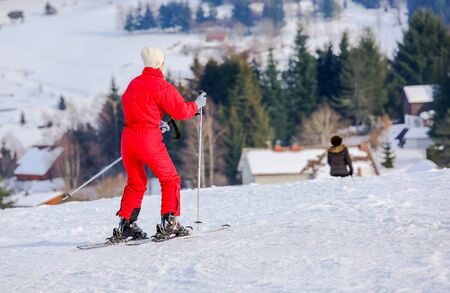 GERARDMER, FRANCE - FEB 16- Closeup on Skier during the annual winter school holiday on Feb 16, 2015 in Gerardmer, Franceのeditorial素材