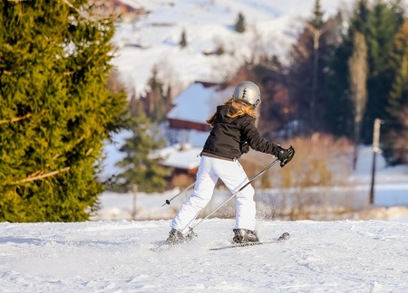 GERARDMER, FRANCE - FEB 16- Closeup on beginner skier during the annual winter school holiday on Feb 16, 2015 in Gerardmer, Franceのeditorial素材