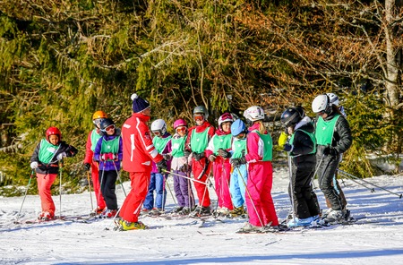 GERARDMER, FRANCE - FEB 19 - French children form ski school groups during the annual winter school holiday on Feb 19, 2015 in Gerardmer, France.のeditorial素材