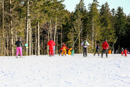 GERARDMER, FRANCE - FEB 20 - Group of beginner skiers during the annual winter school holiday on Feb 20 2015 in Gerardmer, Franceのeditorial素材