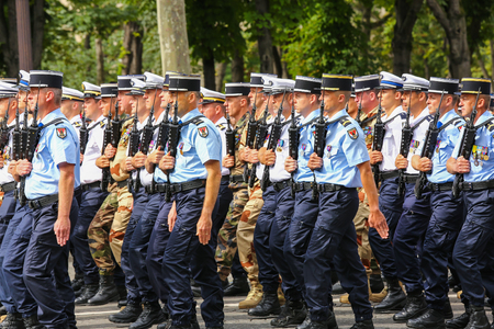 PARIS, FRANCE - JULY 14, 2014: Military parade of National Gendarmerie (Defile) during the ceremonial of french national day, Champs Elysee avenue.のeditorial素材