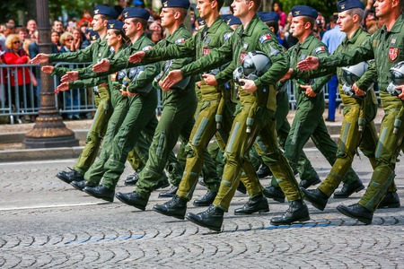 PARIS, FRANCE - JULY 14, 2014: the Air Force fighter pilot during the ceremonial of french national day, Champs Elysee avenue.のeditorial素材