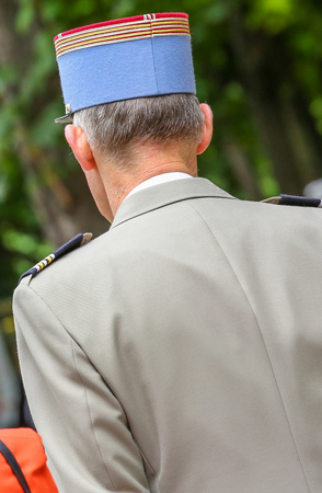 French military cap with a flat top and horizontal brimの写真素材