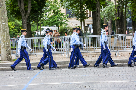 PARIS, FRANCE - JULY 14, 2014: Military parade of National Gendarmerie (Defile) during the ceremonial of french national day, Champs Elysee avenue.のeditorial素材