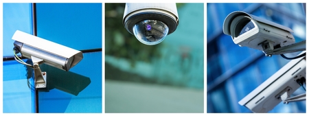 Panoramic collage of closeup security CCTV camera or surveillance systemの写真素材