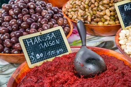 oriental pepper ("Harisa Maison" in French) ) in wooden bowl at the food marketの写真素材