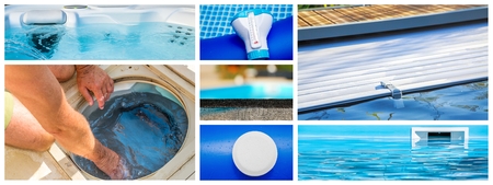 Collage close-up maintenance of a private poolの写真素材