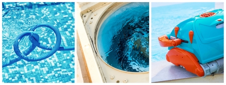 Collage close-up maintenance of a private pool