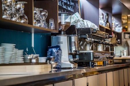 La defense, France - July 17, 2016: Draught beer taps in a big traditional french restaurant in la defense city, the greatest business center in france near Paris.のeditorial素材