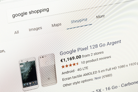 Paris, France - January 03, 2017 : Close up of Google Shopping main page on a computer screen. Google Shopping is a service offered by Google to compare prices of different products.のeditorial素材