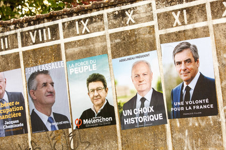 Benon, France- April 18, 2017 : Campaign posters for the 2017 french presidential election in a small villageのeditorial素材