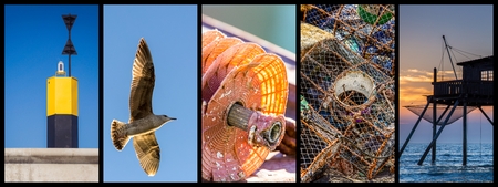 panoramic photo collage sea, beach and boat conceptの写真素材