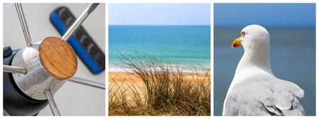 panoramic photo collage sea, beach and boat conceptの写真素材