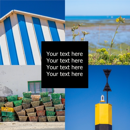 Photo collage sea, beach and boat concept with copy space