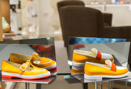 Italy, Venice - March 20, 2015:clean and bright luxury european shoes storeのeditorial素材