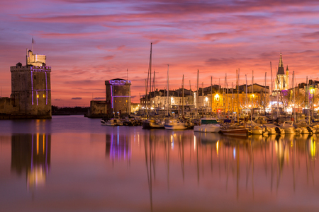 Harbor by night with beautiful sunset in La Rochelle Townのeditorial素材