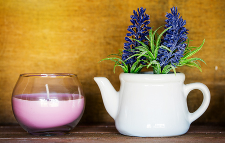 Closeup on Plant and decorative candles with wood in the background. Beauty Spa Health and Wellness concept.の写真素材