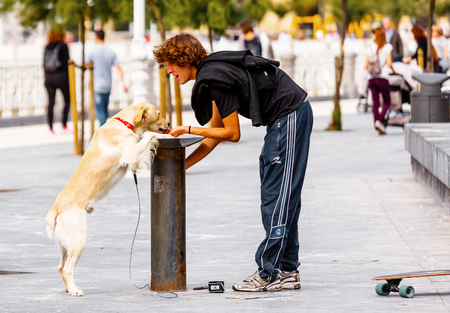 San Sebastian, Spain - September 27, 2016: Young man feeding giving his dog Labrador Retriever a drink on a street fountain at San Sebastian, Spain under sunny dayのeditorial素材
