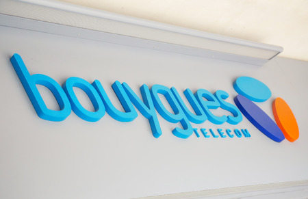 La Rochelle, France - July 20, 2016: Closeup of the sign of Bouygues Telecom, one of the main French providers of telecommunication and Internet services.のeditorial素材