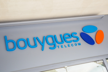 La Rochelle, France - July 20, 2016: Closeup of the sign of Bouygues Telecom, one of the main French...