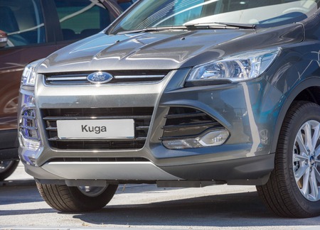 Puilboreau, France - August 7, 2016 : Ford car Kuga on display outside showroom with focus on name plate at Puilboreau, France. The Ford Kuga is a compact sport utility vehicle (SUV) produced by Ford since 2008.のeditorial素材
