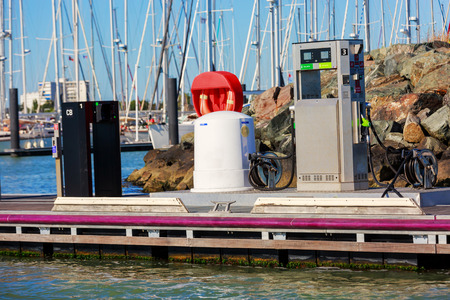La rochelle, France - August 22, 2016 : Oil and petrol station for boats with no boats and blue sky in the Minimes Harbor at La Rochelle, France,のeditorial素材