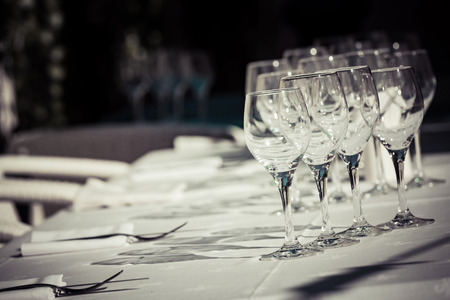 CloseUp on collection of pure, empty glasses for water or wine