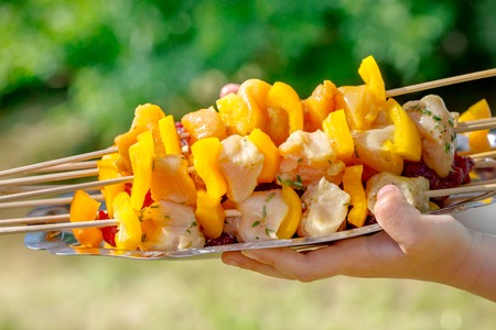 closeup of Raw chicken skewers resting on a tray with a green backgroundの写真素材
