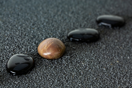 Black pebbles on black sand background with brown pebble. Concept of diversity or singularityの写真素材