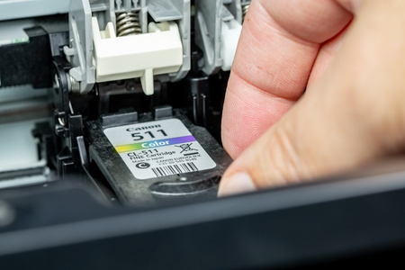 Benon, France - January 15, 2019: close up on Canon 511 Color ink cartridge replacement cartridges...