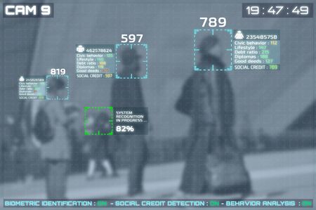 Screen of cctv cameras with facial recognition and social credit display of people in the streetの写真素材