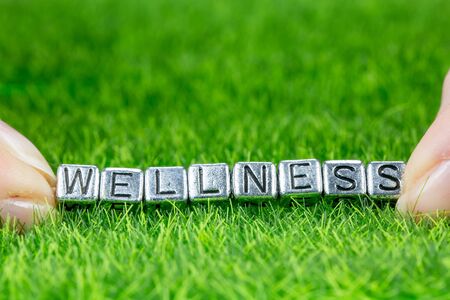 Close up on word WELLNESS written in metal letters laid on grass and held between the fingers of a woman. Concept of wellness backgroundの写真素材