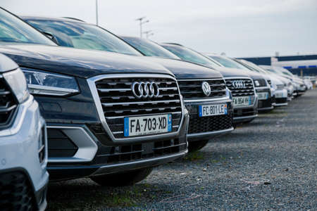 Cognac, France - February 16, 2020:Alignment of luxury second-hand cars for sale on the network of the German Audi - Volkswagen dealerのeditorial素材