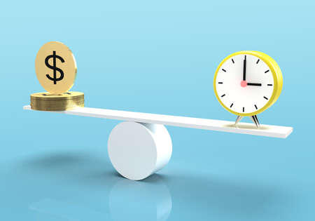 3D rendering of stack of gold dollar coin balancing with alarm clock on seesaw against blue...