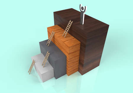 3D rendering of person celebrating success on top of ladder after achieving goal against blue...