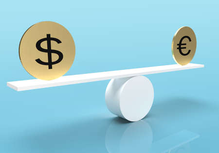 Dollar and euro gold coins on balance scale - Concept of equal balance between dollar and euroの写真素材