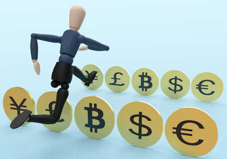 virtual puppet jumping over golden coins. Forex concept. 3d renderingの写真素材