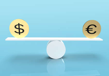 Dollar and euro gold coins on balance scale - Concept of equal balance between dollar and euro