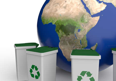 Waste recycling concept with the planet earth and garbage cans around. 3d renderingの写真素材