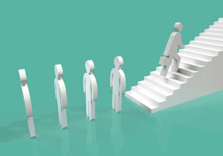 Group of people in single file in front of stairs. The one who is first is climbing the first steps. Concept of career climbing, promotion and success. 3d illustrationの写真素材
