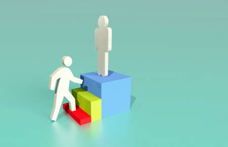 A person on a podium with another person going up to take his place. Concept of career climbing,...