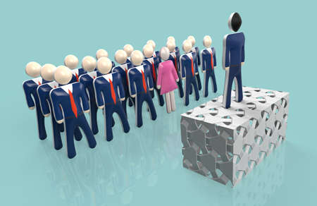 group of businessmen listening to their boss during a meeting. Only one woman is present. Concept of minority woman in business. 3d renderingの写真素材