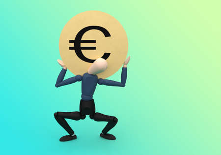 A caractere holding a euro golden coin in his hands in victory motion. Business rewards. Financial wisdom. Strength and weak dollar symbol. 3d illustrationの写真素材